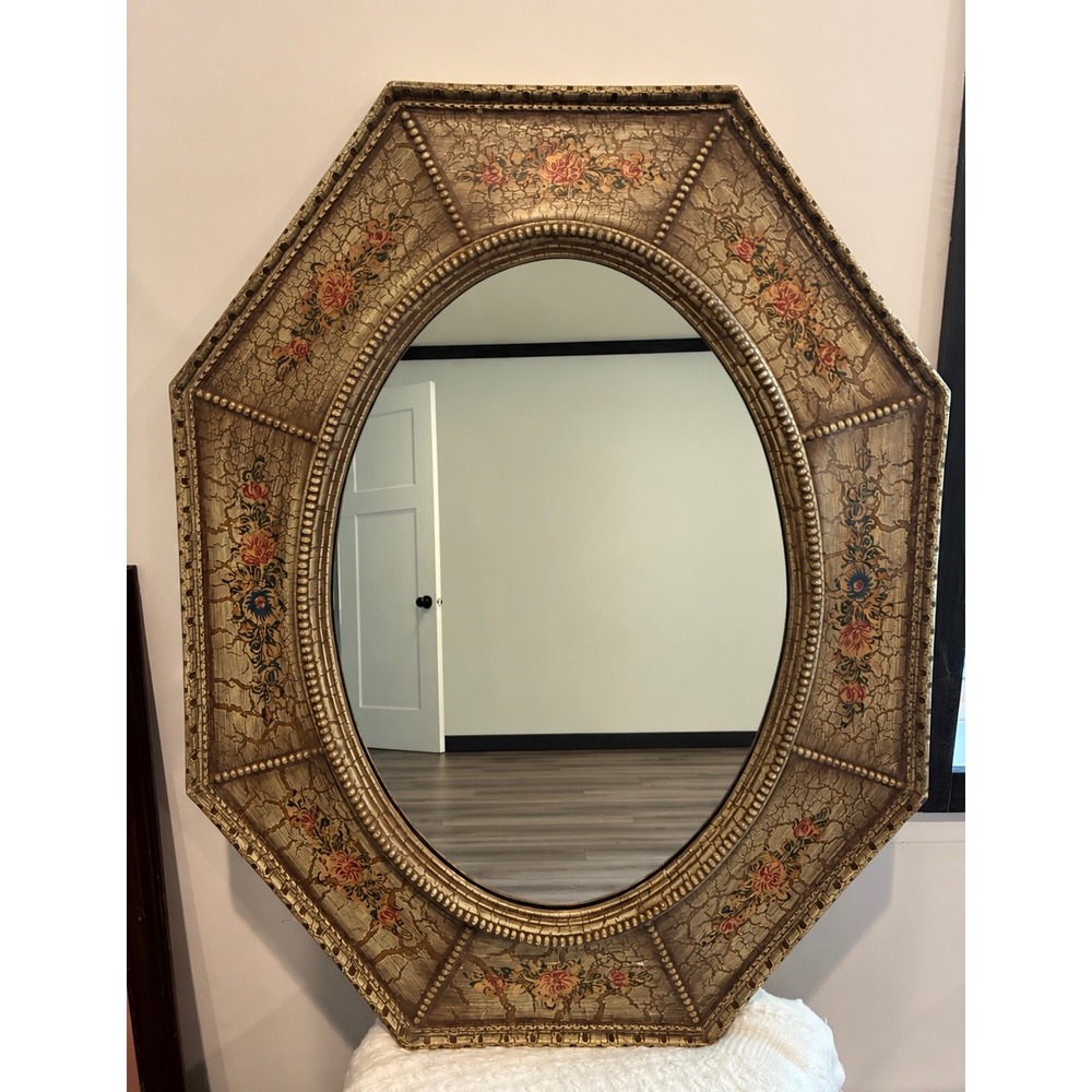 Vintage Turner Mfg Wall Mirror 34" Floral Gold Crackle Hollywood Regency MCM